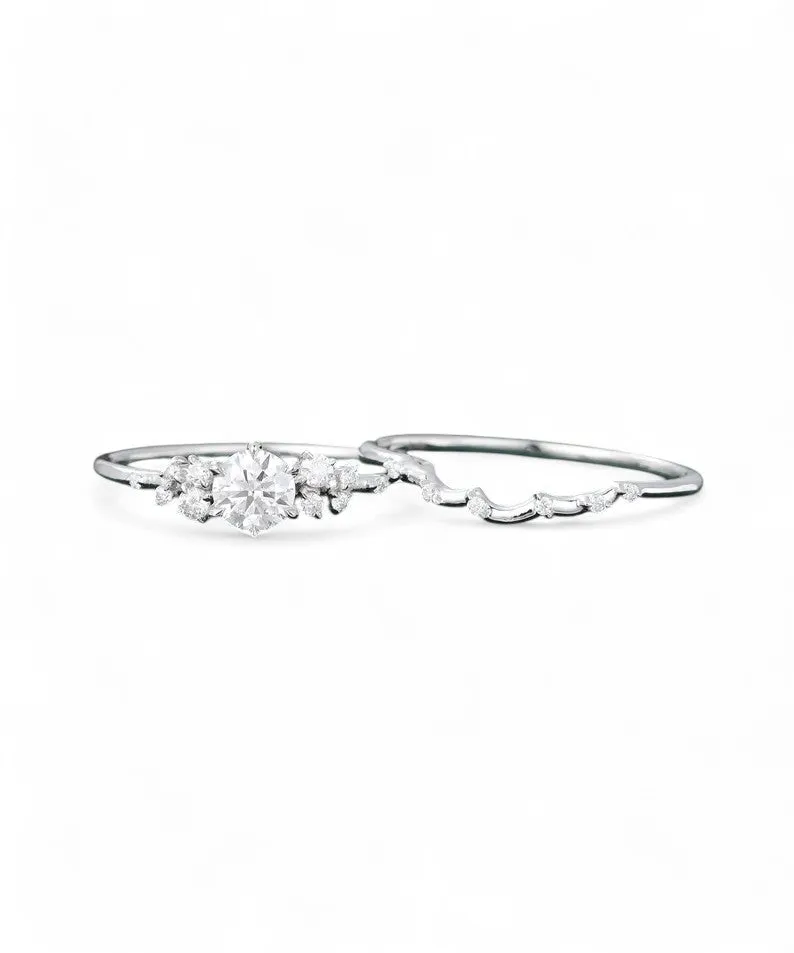 0.660ct Round Cut Moissanite Cluster Engagement Ring set Solid 14k White Gold