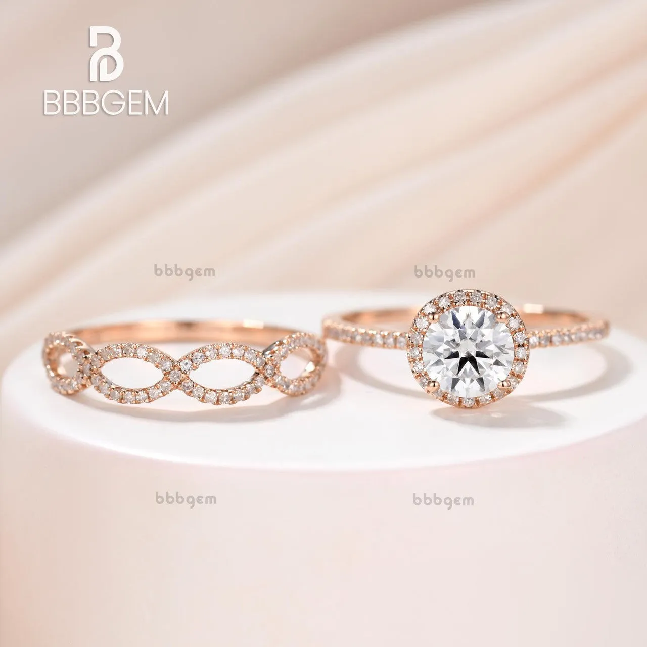 1 Carat Round Moissanite Wedding Sets 14k Rose Gold Diamond Bridal Ring Loop Infinity Stacking Matching Band