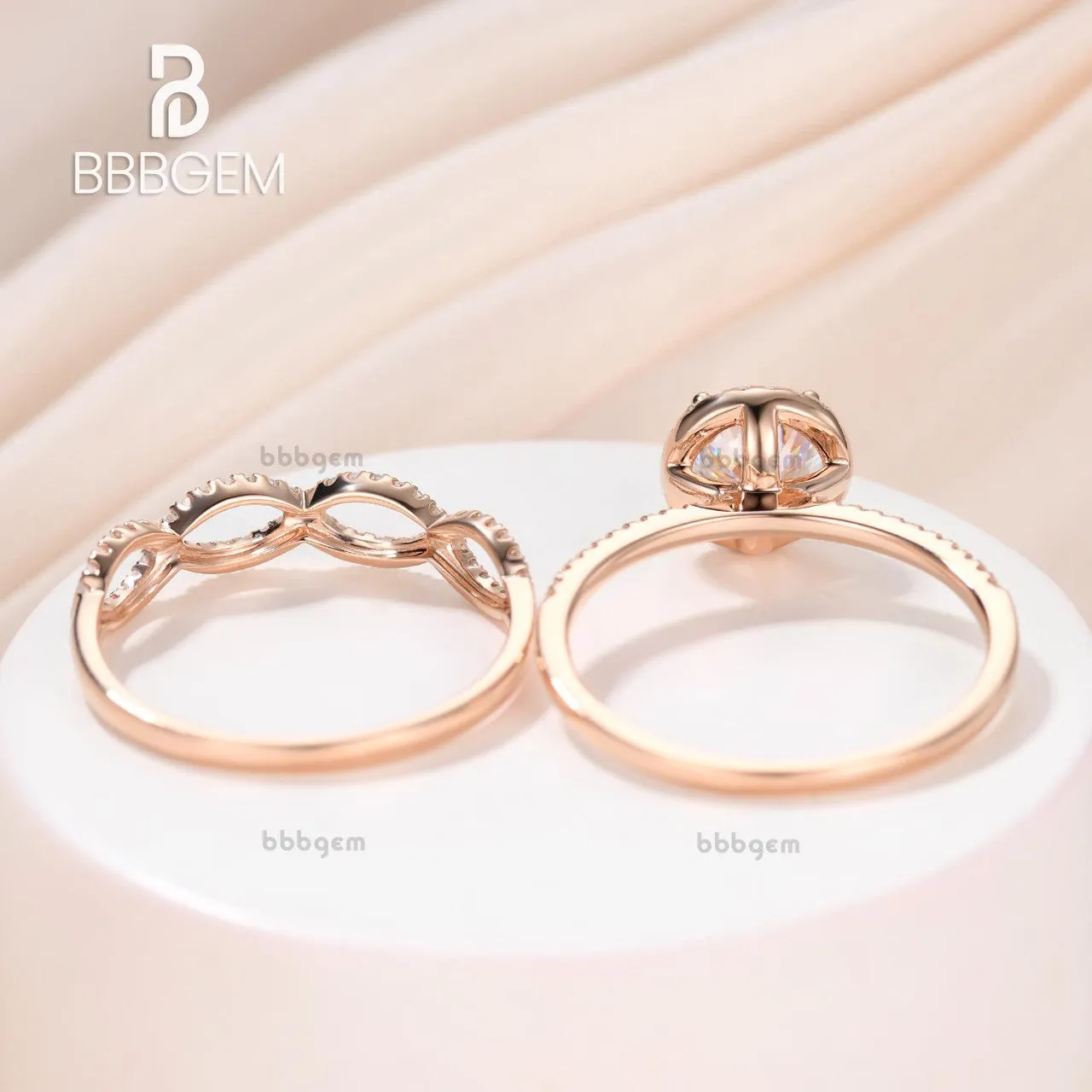 1 Carat Round Moissanite Wedding Sets 14k Rose Gold Diamond Bridal Ring Loop Infinity Stacking Matching Band