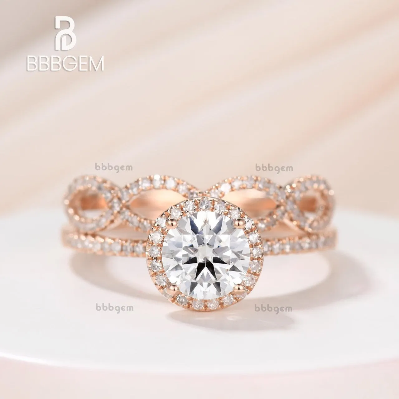 1 Carat Round Moissanite Wedding Sets 14k Rose Gold Diamond Bridal Ring Loop Infinity Stacking Matching Band