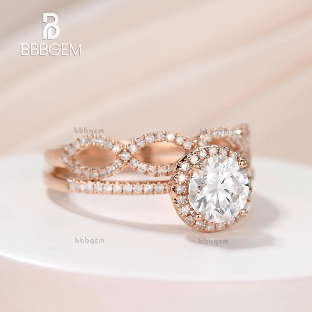 1 Carat Round Moissanite Wedding Sets 14k Rose Gold Diamond Bridal Ring Loop Infinity Stacking Matching Band