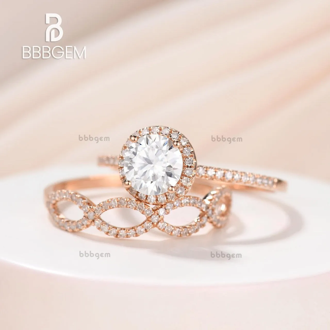 1 Carat Round Moissanite Wedding Sets 14k Rose Gold Diamond Bridal Ring Loop Infinity Stacking Matching Band