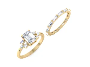 1.00 Carat Emerald Cut Lab Grown Diamond Engagement Ring, Baguette and Round Wedding Band