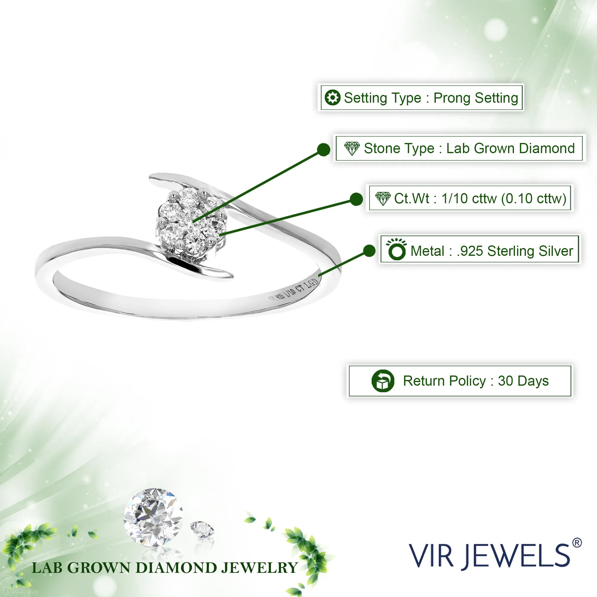 1/10 cttw Diamond Engagement Ring for Women, Round Lab Grown Diamond Engagement Ring in .925 Sterling Silver, Prong Setting