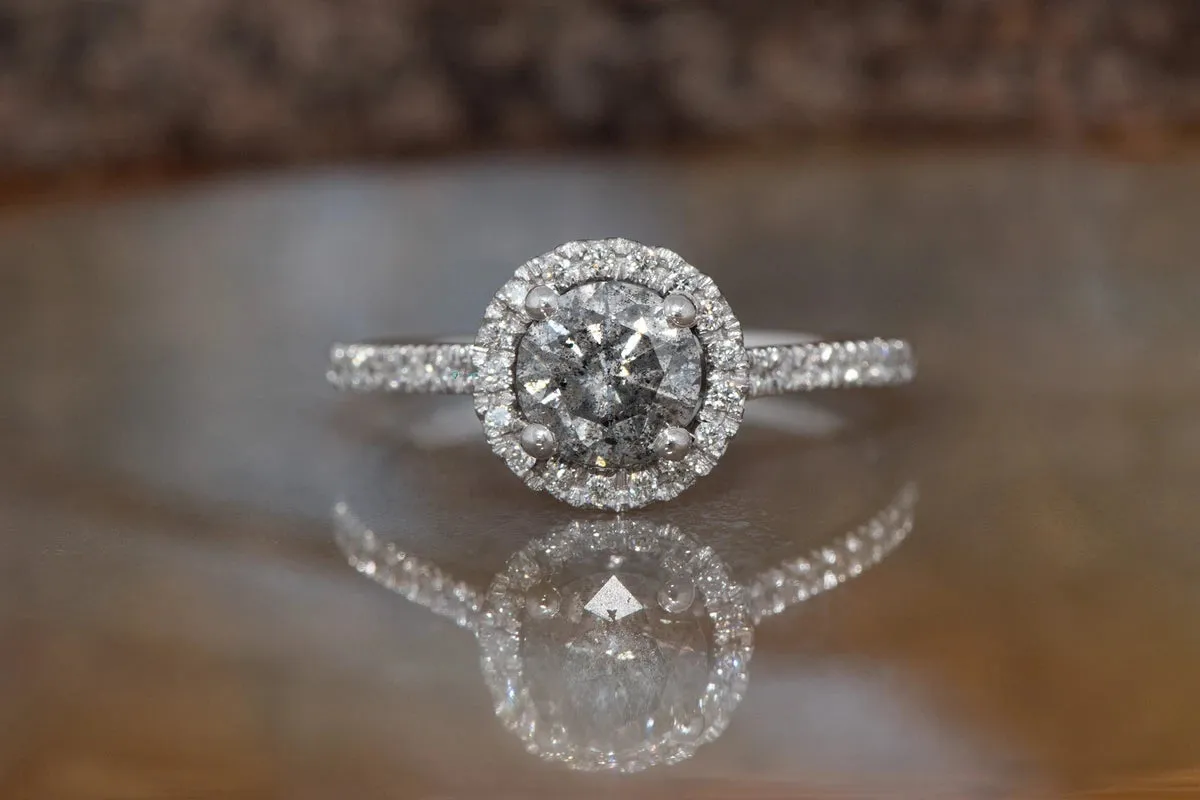 1.36 ct Salt and Pepper halo diamond engagement ring - 14k 18K White Gold