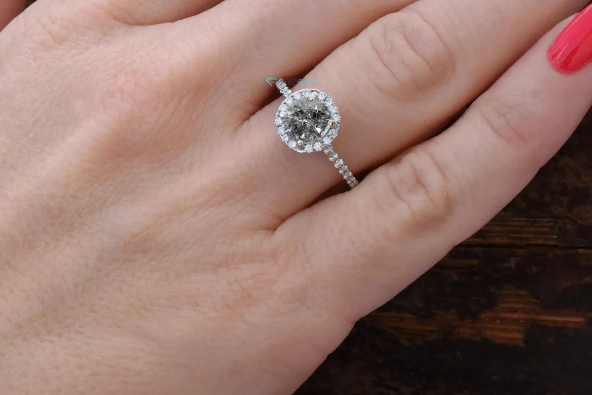 1.36 ct Salt and Pepper halo diamond engagement ring - 14k 18K White Gold