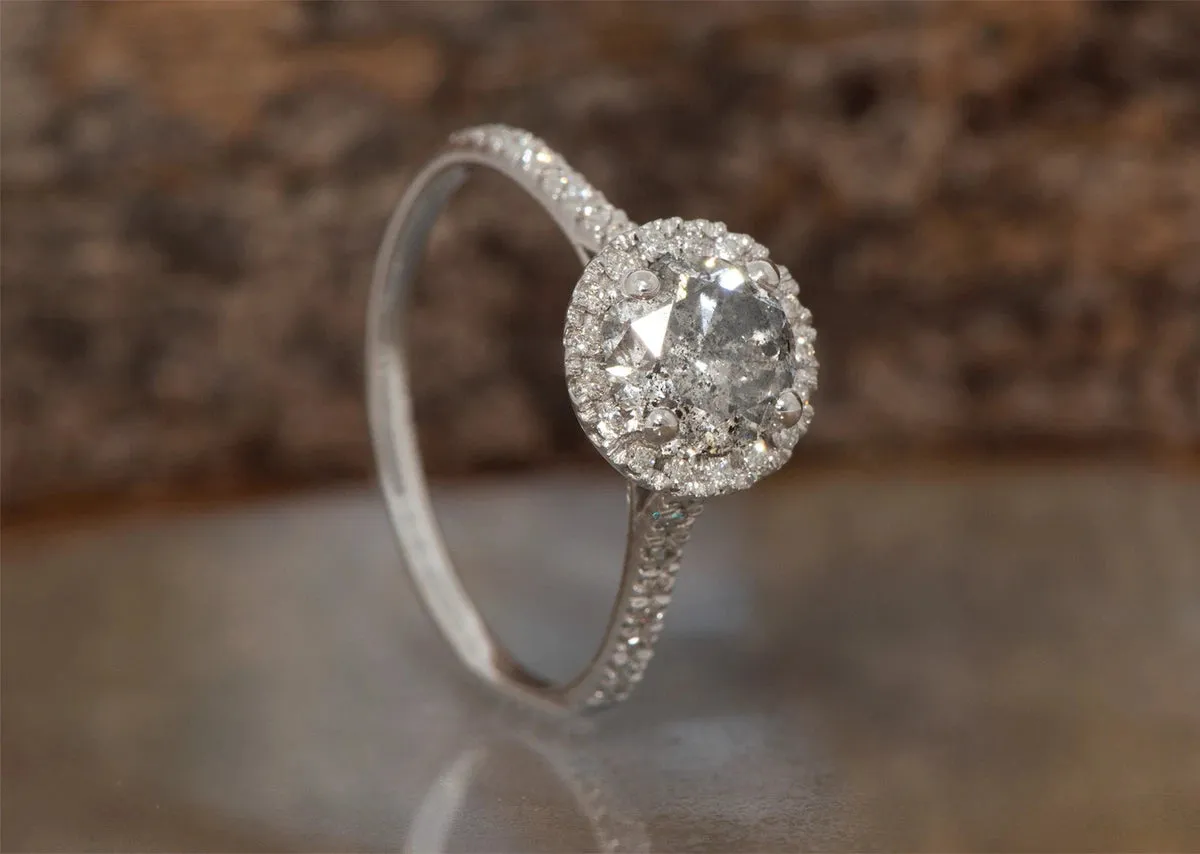 1.36 ct Salt and Pepper halo diamond engagement ring - 14k 18K White Gold