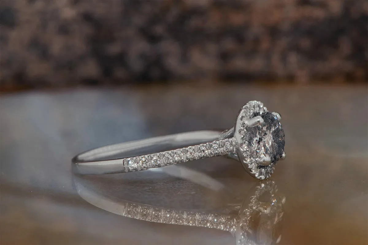 1.36 ct Salt and Pepper halo diamond engagement ring - 14k 18K White Gold
