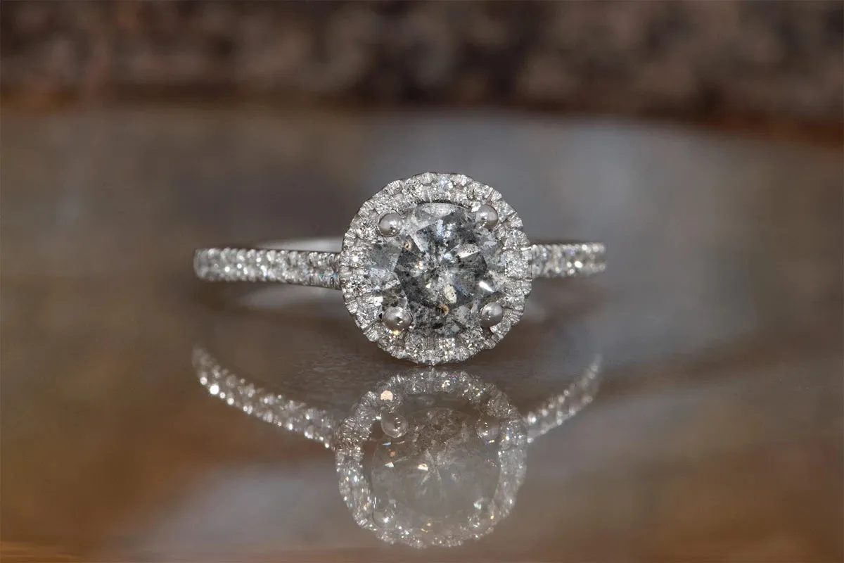 1.36 ct Salt and Pepper halo diamond engagement ring - 14k 18K White Gold
