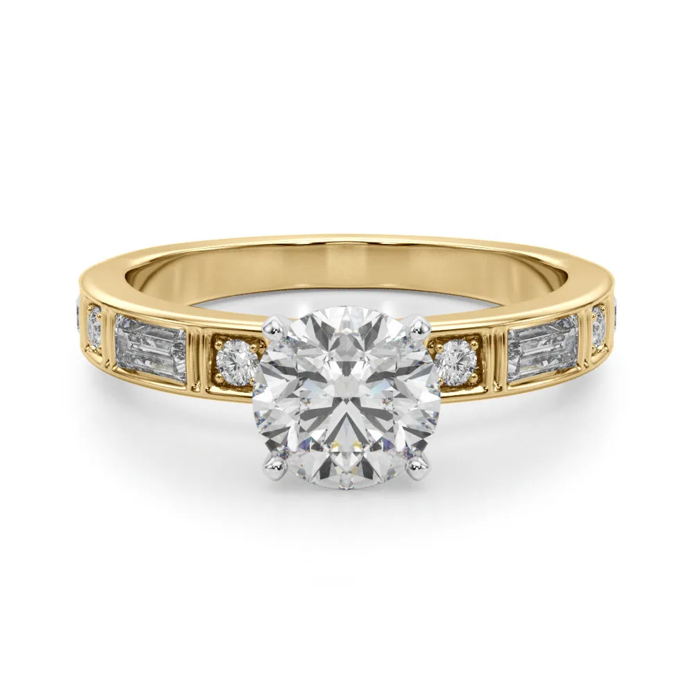 14K Channel Set Baguette and Round Engagement Ring