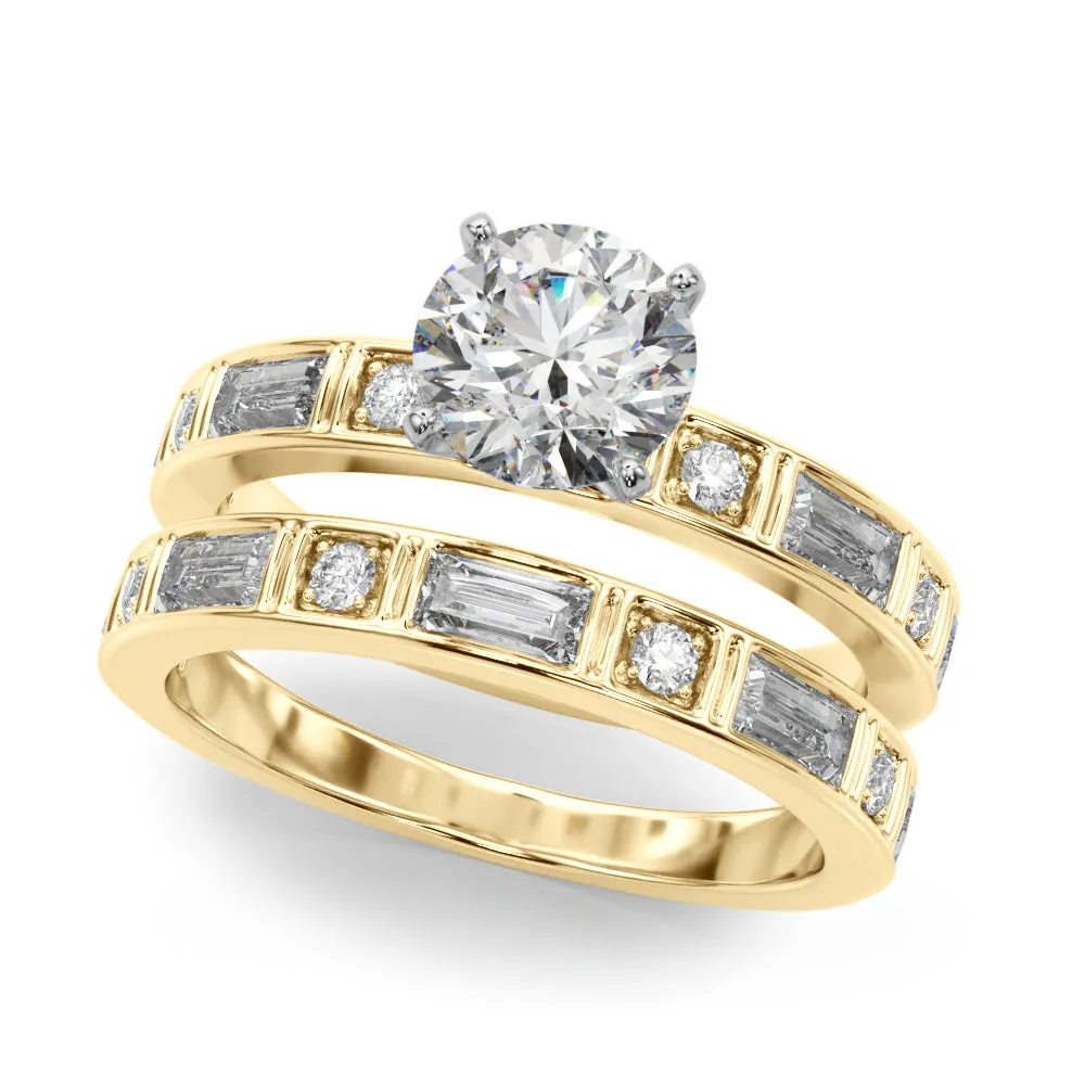 14K Channel Set Baguette and Round Engagement Ring