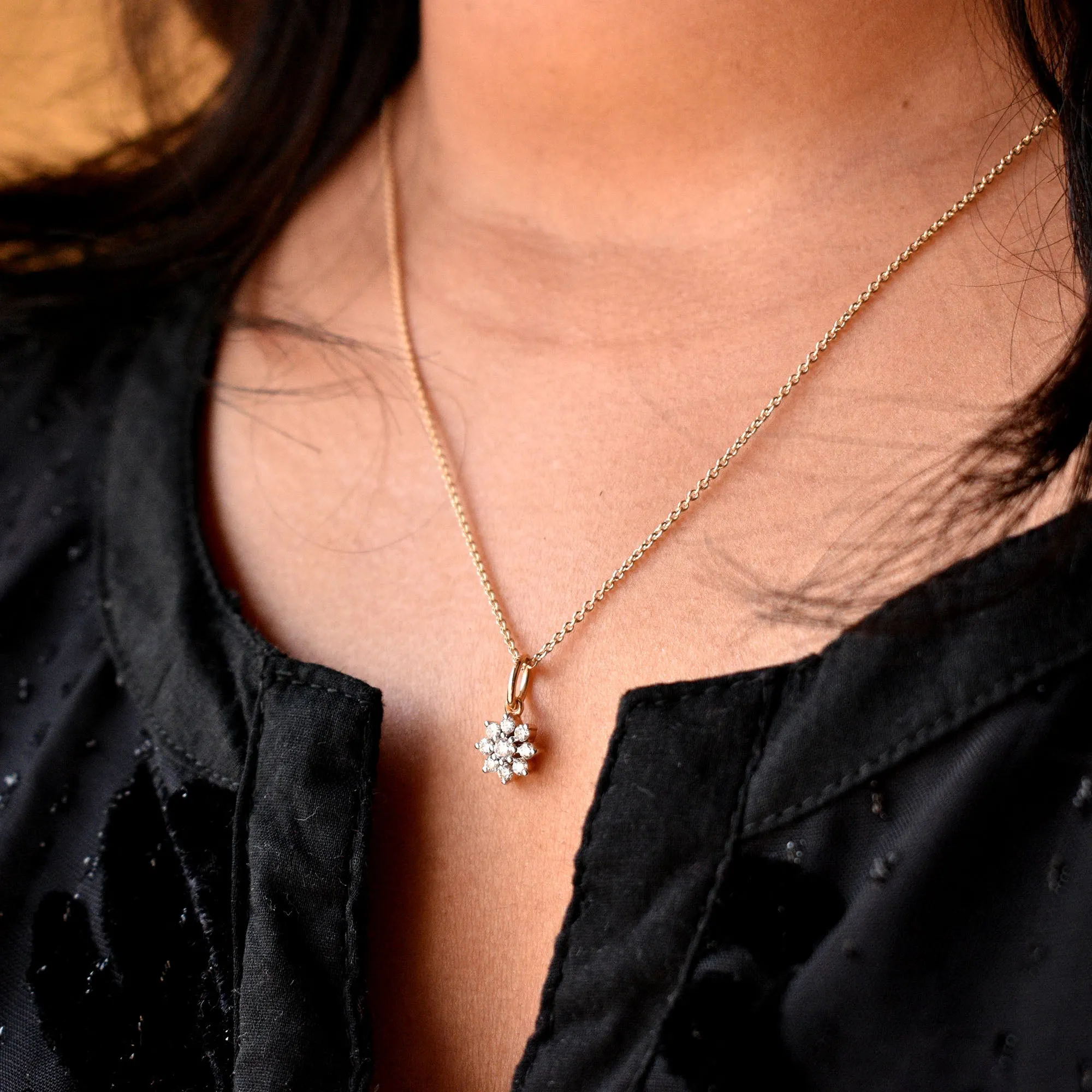 14k Dainty Diamond Cluster Flower Pendant Necklace