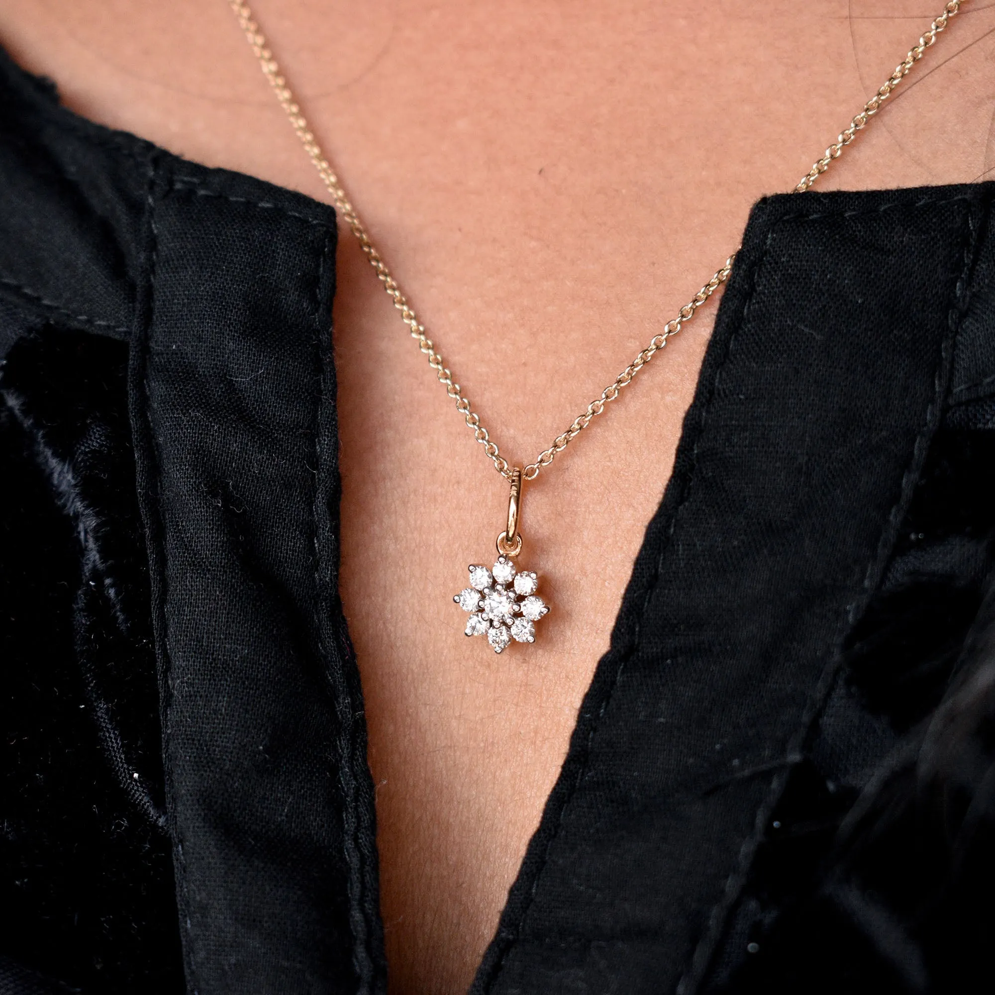 14k Dainty Diamond Cluster Flower Pendant Necklace