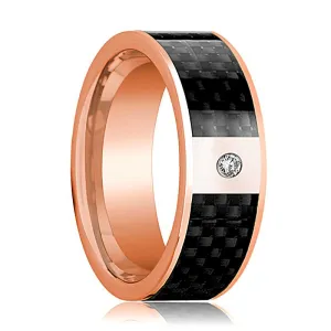 14k Rose Gold Men's Flat Wedding Ring with Black Carbon Fiber Inlay & Diamond