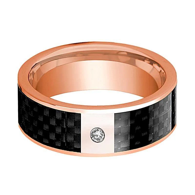 14k Rose Gold Men's Flat Wedding Ring with Black Carbon Fiber Inlay & Diamond
