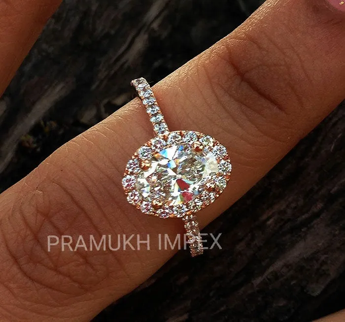 14K Rose Gold Ovel Cut halo Moissanite Wedding Ring, 1.90TDW Antique Engagement Ring