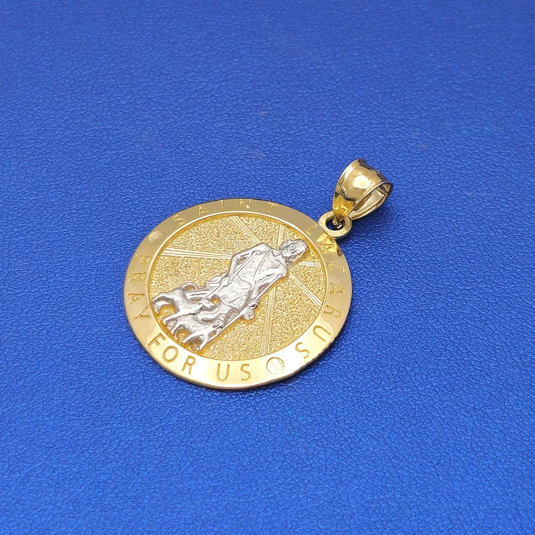 14k Saint Lazarus Pray for Us Circle Medallion Pendant