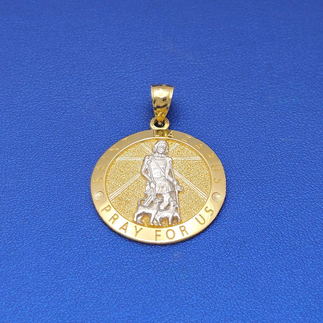 14k Saint Lazarus Pray for Us Circle Medallion Pendant