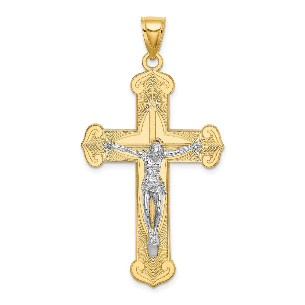 14K W/ Rhodium Engraved Crucifix Charm