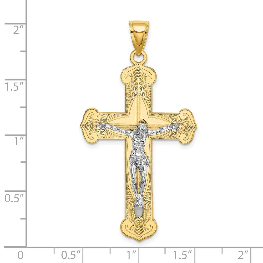14K W/ Rhodium Engraved Crucifix Charm