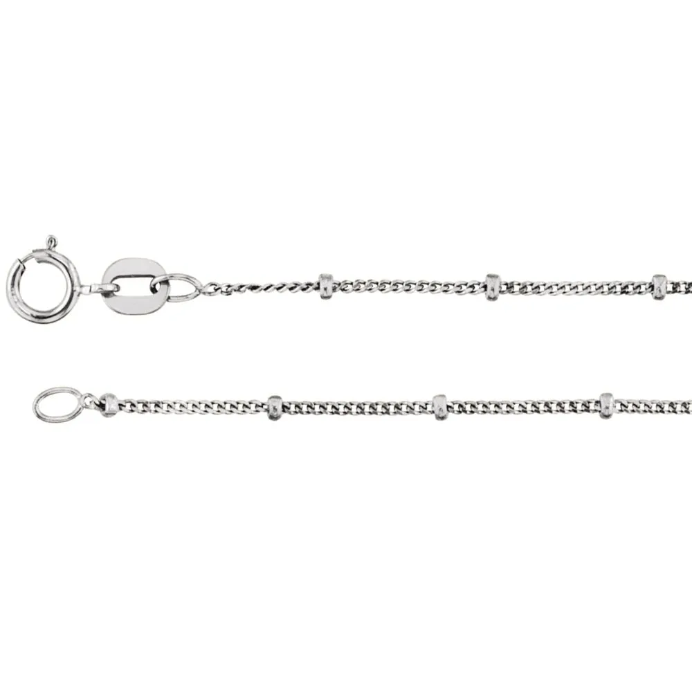 14k White Gold 1mm Solid Beaded Curb 18" Chain