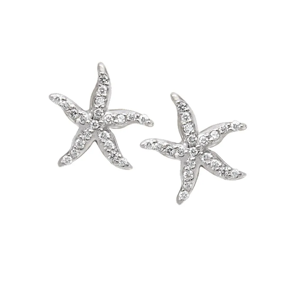 14k White Gold "Sea Jewels" Pavé Diamond Starfish Earrings, D=.42tw