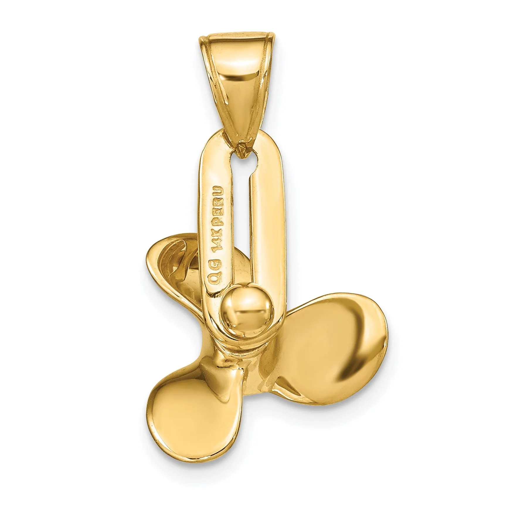 14K Yellow Gold Polished Finished Solid  3-D Moveable 3-Blade Propeller Charm