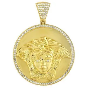 14K Yellow Solid Gold Mens Diamond Custom Made Medusa Head Round Pendant 1.75 Ctw