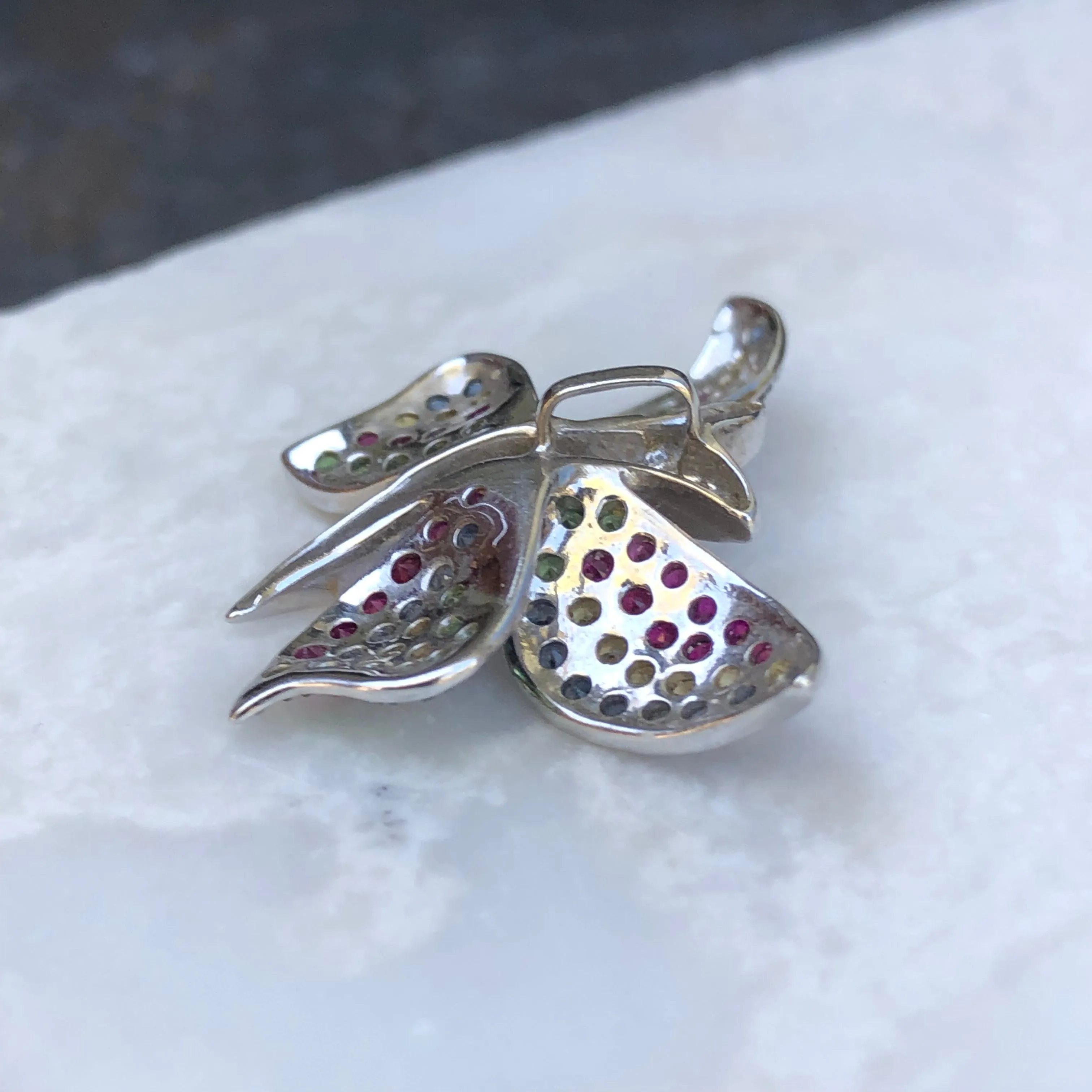 14KT White Gold Pave Diamond   Multi Colored Sapphires Butterfly Pendant