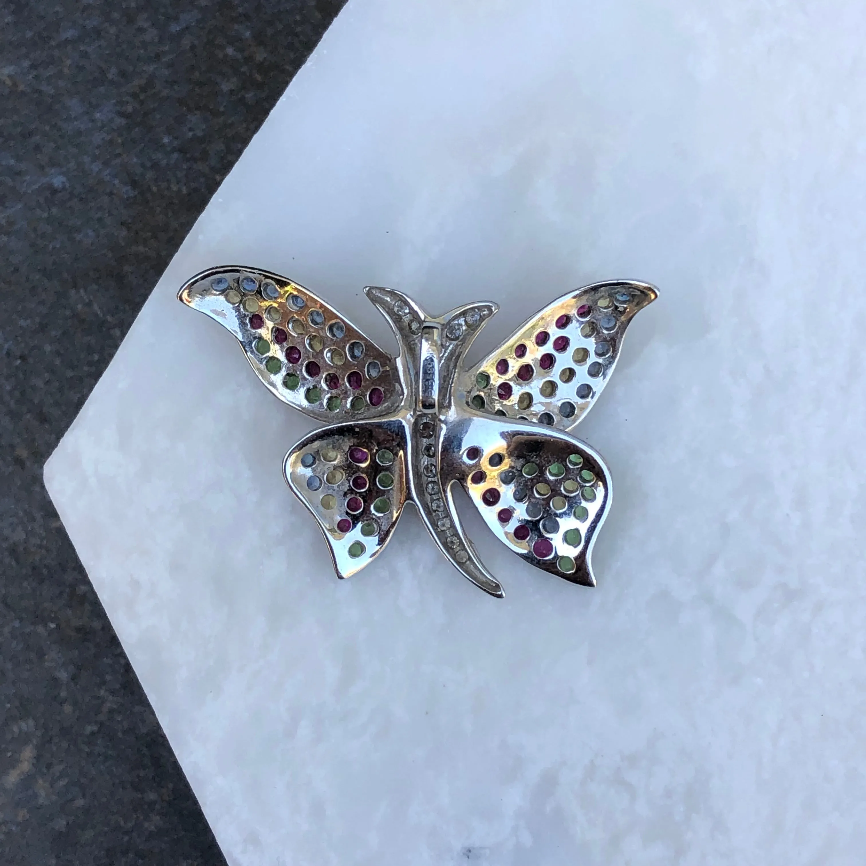 14KT White Gold Pave Diamond   Multi Colored Sapphires Butterfly Pendant
