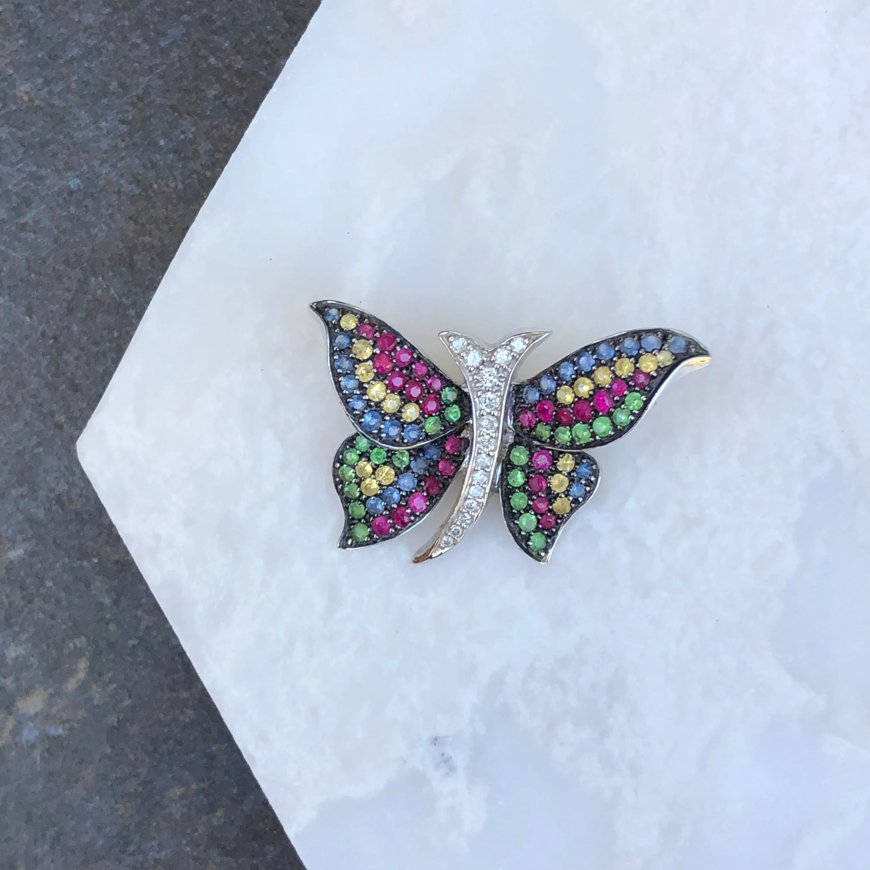 14KT White Gold Pave Diamond   Multi Colored Sapphires Butterfly Pendant