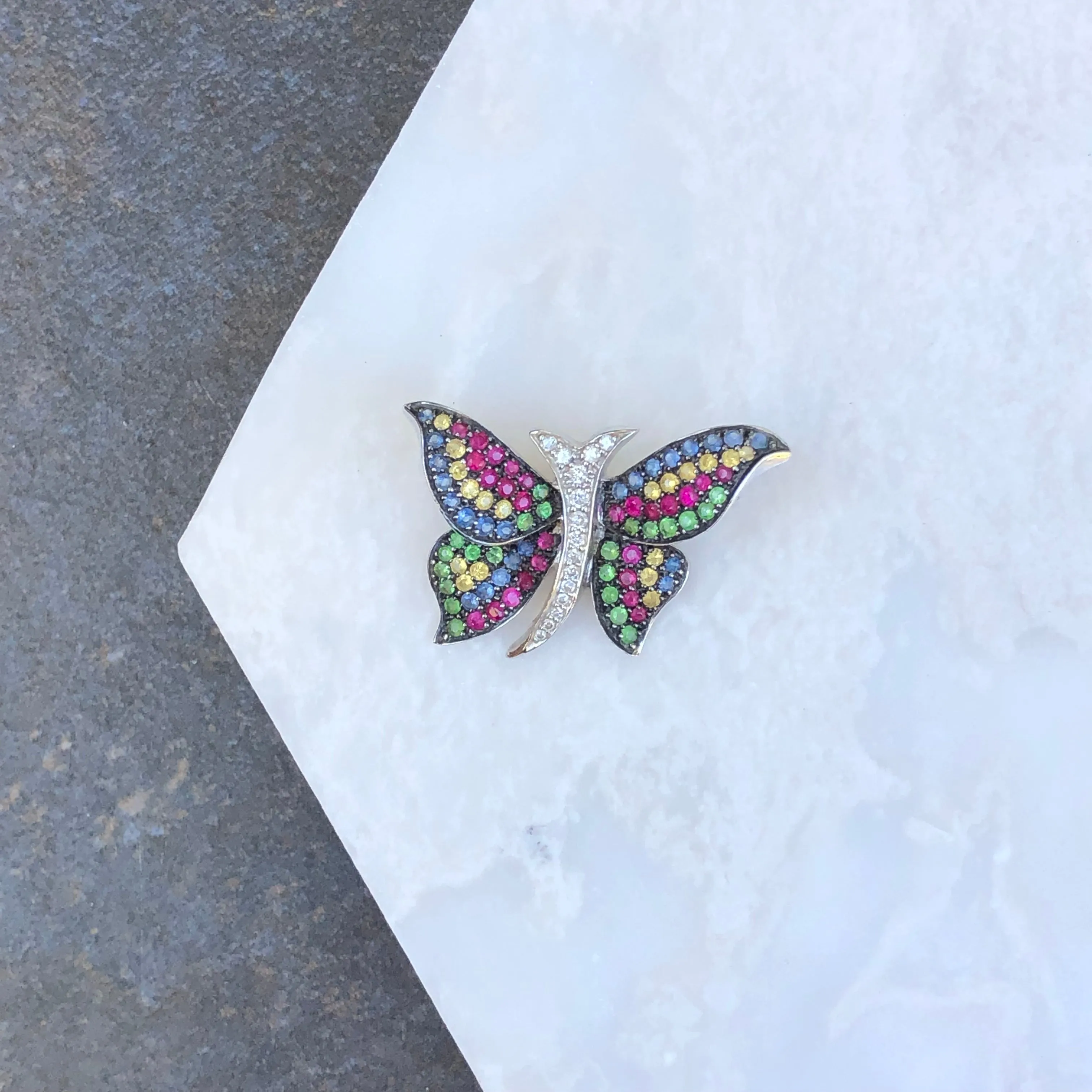 14KT White Gold Pave Diamond   Multi Colored Sapphires Butterfly Pendant
