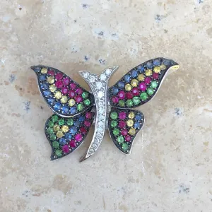 14KT White Gold Pave Diamond   Multi Colored Sapphires Butterfly Pendant