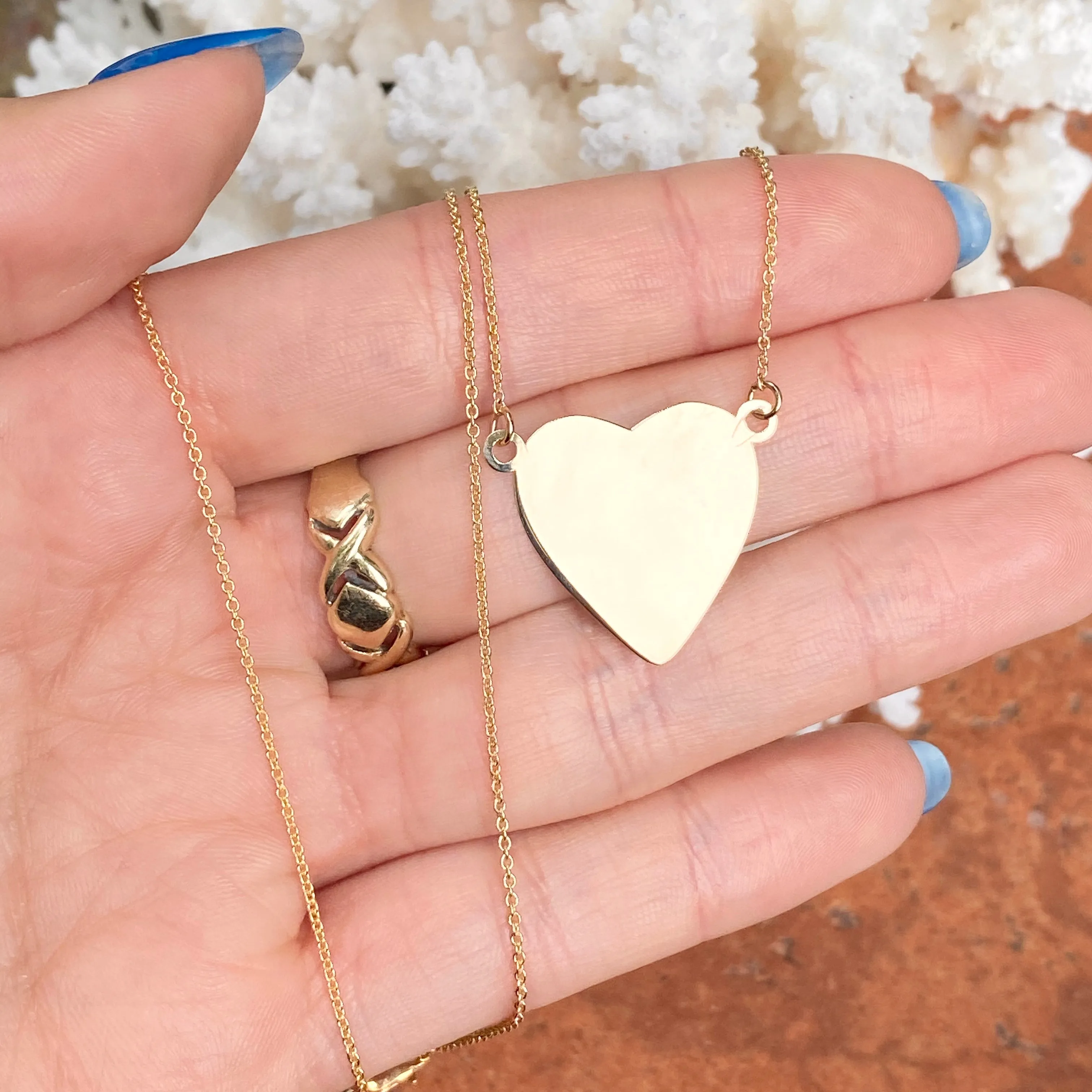 14KT Yellow Gold Reversible Polished   Matte Heart Plate Pendant Necklace