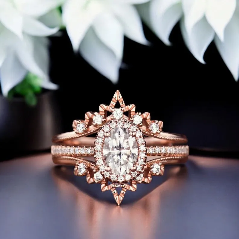 1.530ct Oval cut Moissanite engagement ring set unique enhancer Matching band