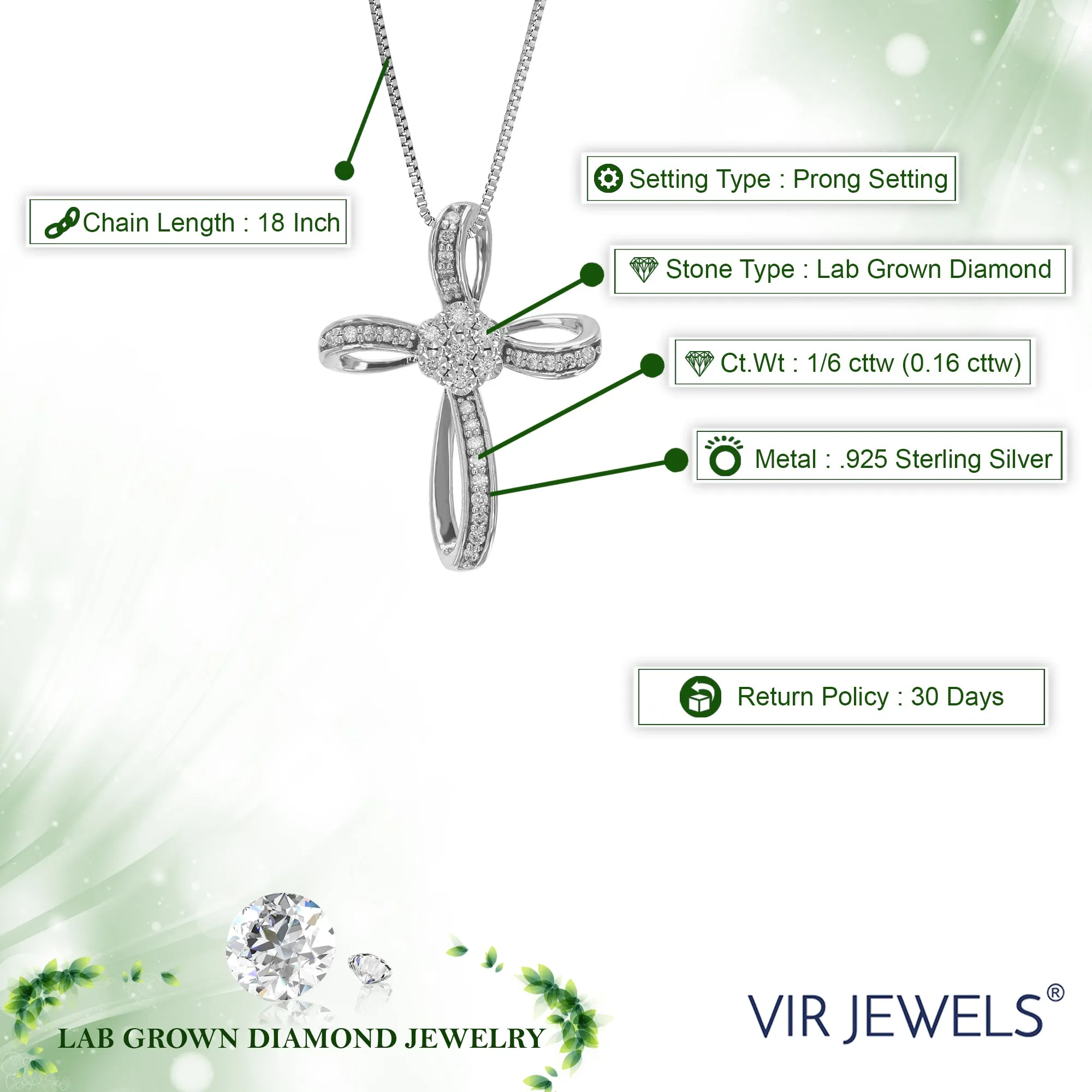 1/6 cttw Lab Grown Diamond Cluster Cross Pendant Sterling Silver