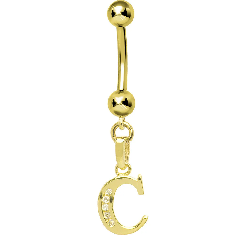16 Gauge Solid 14kt Yellow Gold CZ Initial C Belly Ring