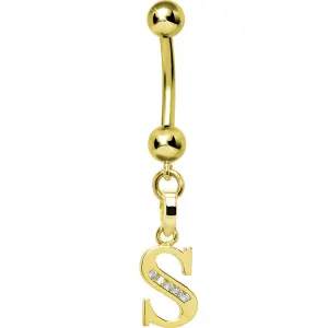 16 Gauge Solid 14kt Yellow Gold CZ Initial S Belly Ring