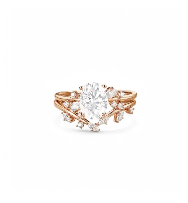 1.660ct Oval Moissanite Engagement Ring Set Vintage Moissanite Floral Bridal Set