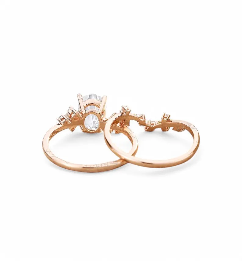 1.660ct Oval Moissanite Engagement Ring Set Vintage Moissanite Floral Bridal Set