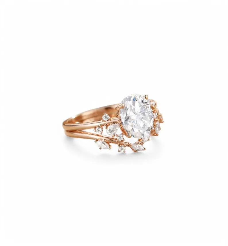 1.660ct Oval Moissanite Engagement Ring Set Vintage Moissanite Floral Bridal Set