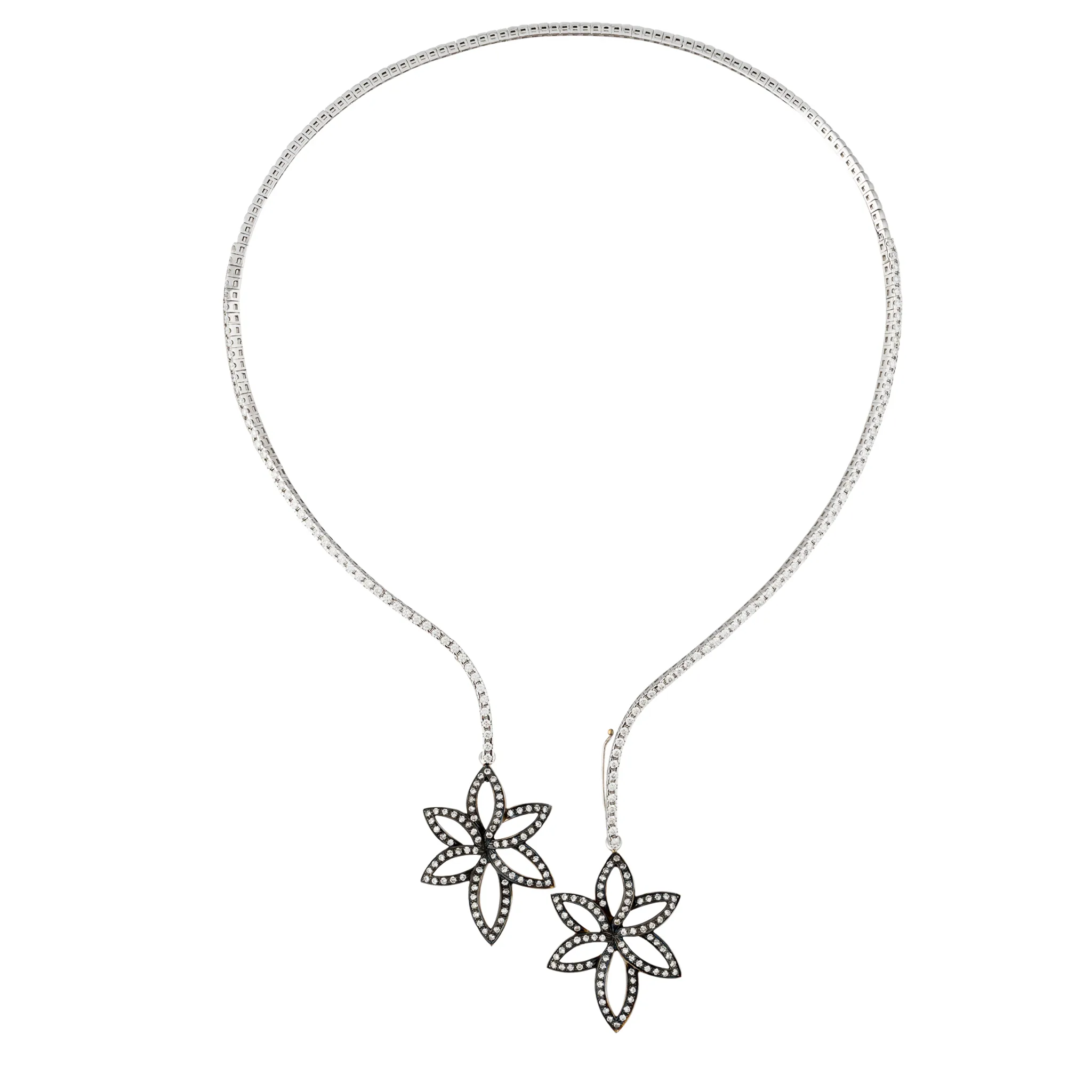 18K White Gold Diamond Cuff Necklace with 2 Diamond Flower Pendant