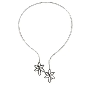 18K White Gold Diamond Cuff Necklace with 2 Diamond Flower Pendant