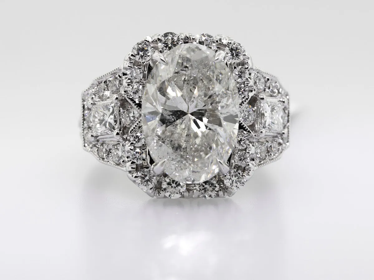 18k White Gold Diamond Ring 6.05ct H/si3 Oval Cut with 1.50 Total Ct On Mounting