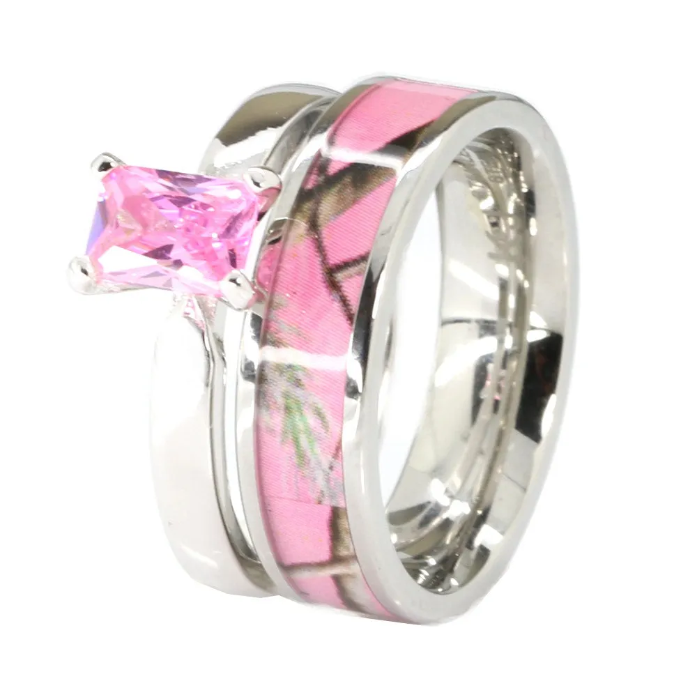 2 pc Pink Camo Wedding Ring Set Stainless Steel and 925 Sterling Silver