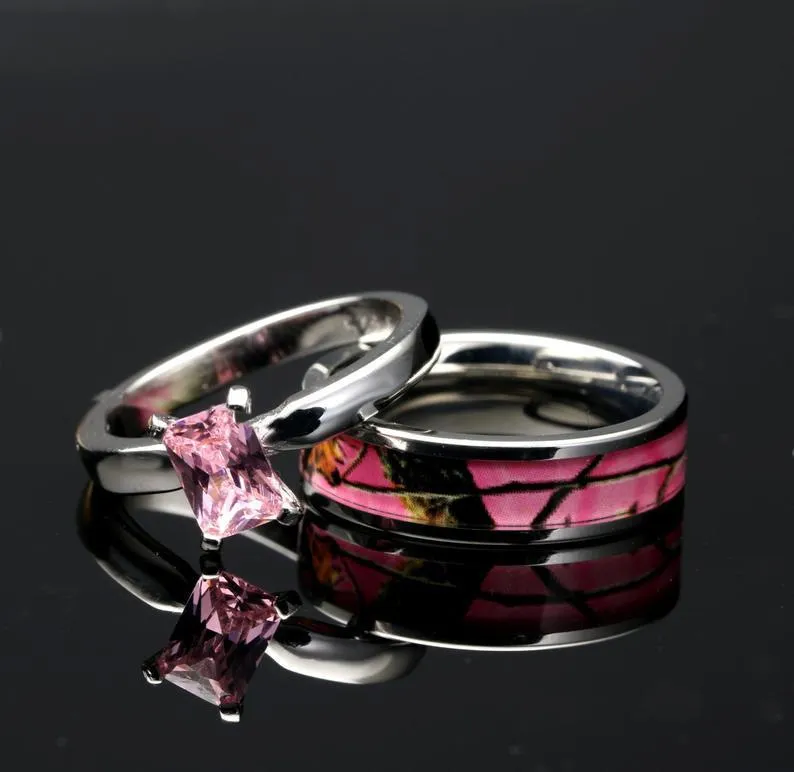 2 pc Pink Camo Wedding Ring Set Stainless Steel and 925 Sterling Silver