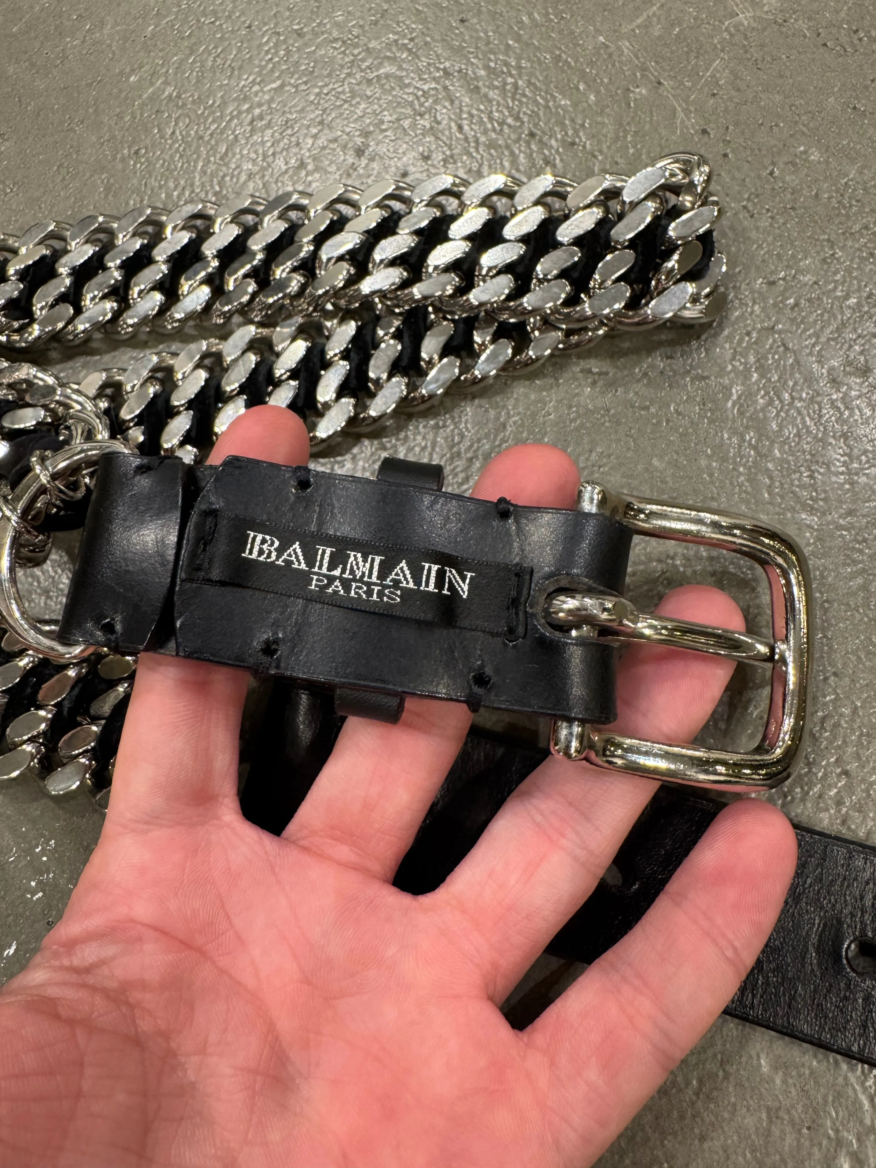 2010 Balmain by Decarnin heavy metal leather chain belt