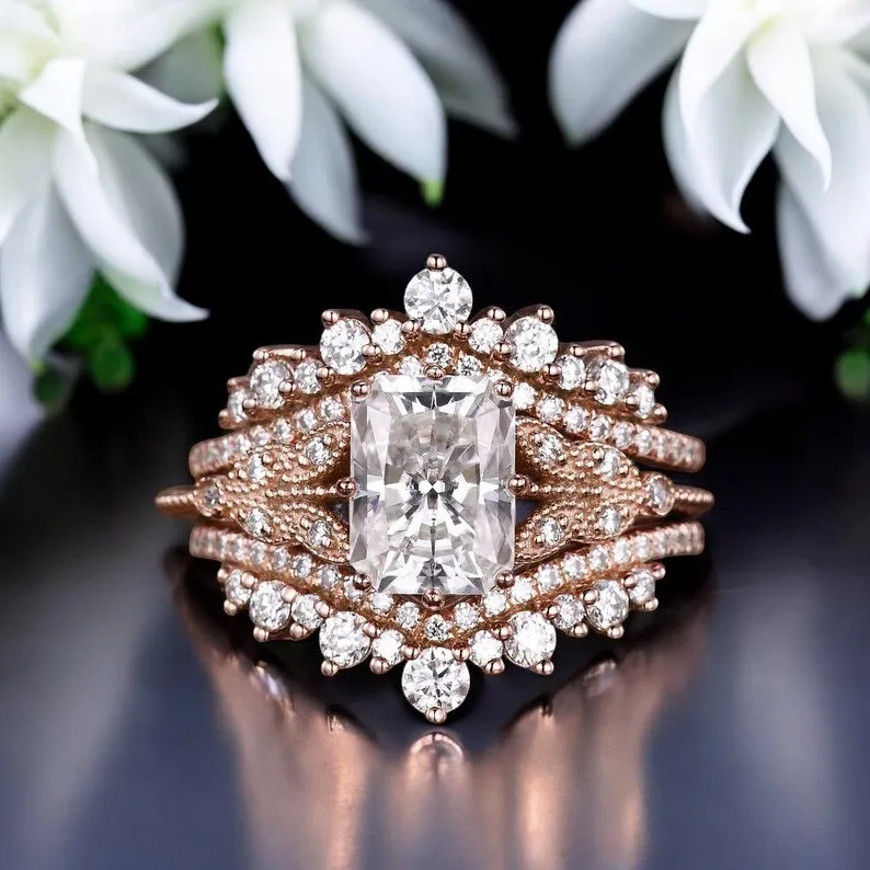 2.650 CTW Radiant Cut Moissanite Trio Set Wedding Band Ring 14k White Gold