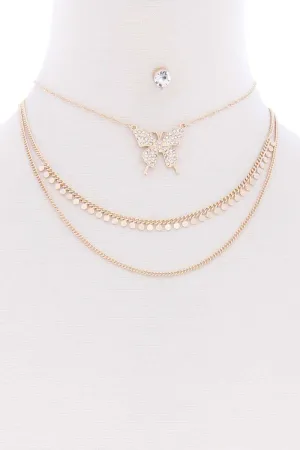 3 Layered Chain Butterfly Metal Multi Necklace Earring Set