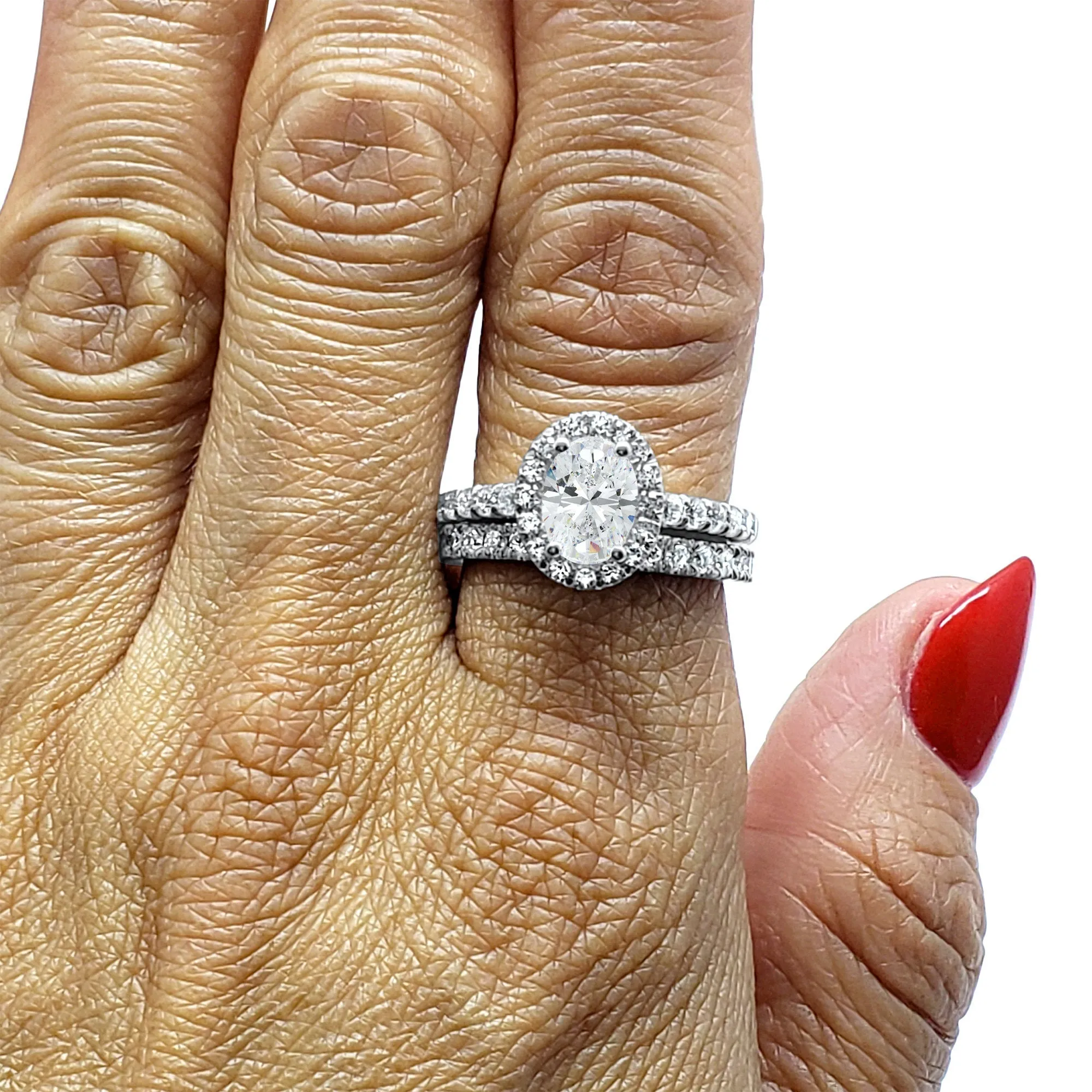 3.3 ctw Diamond Halo Wedding set, Oval  Engagement set, Bridal Set 14k Solid White Gold